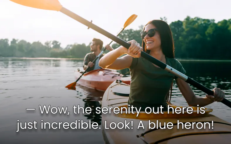 A couple is kayaking on a river with a caption on the image that says" Wow, the serenity out here is just incredible. Look! A blue heron!" showing the closed captioning ability in Camtasia