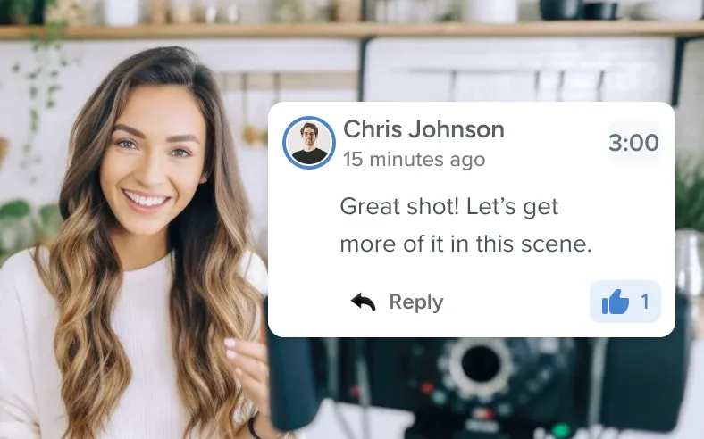A comment box is overlaid on a video and the comment from Chris Johnson says "Great Shot! Let's get more of it in this scene"