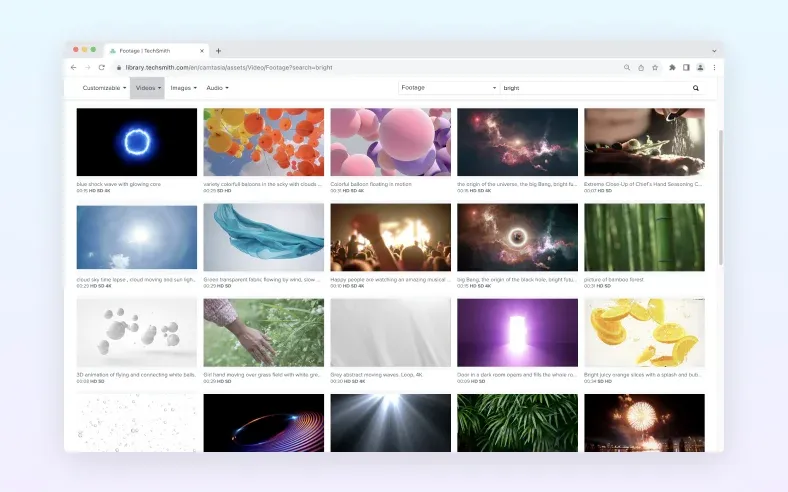 A browser is shown with the Assets for Camtasia service open with a variety of stock media available.
