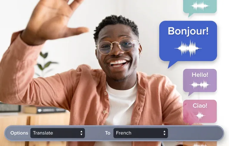 A man waving at the camera with UI over the image that show the ability to translate the scripts into multiple languages in Audiate