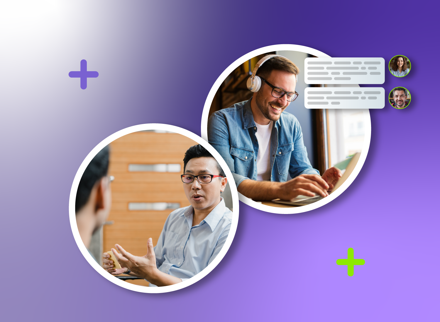 Two people communicating: one in person, one online via chat, showing live vs. async interaction