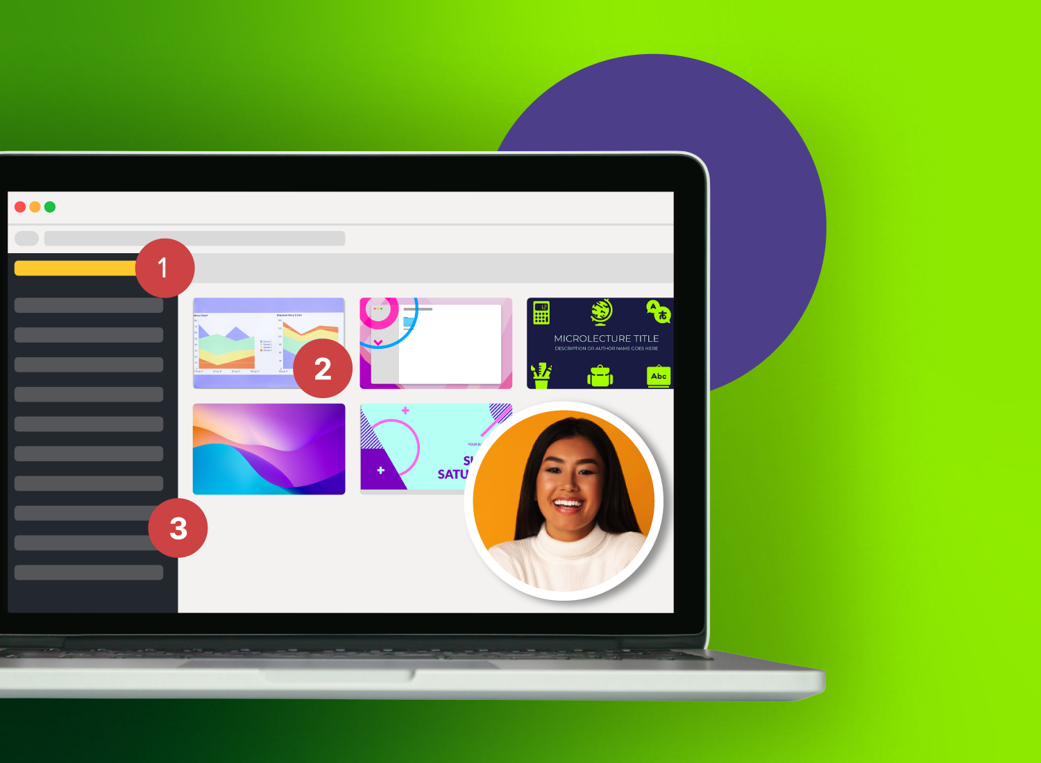 Example of an asynchronous video training platform interface with a smiling presenter, course thumbnails, and organized content navigation.
