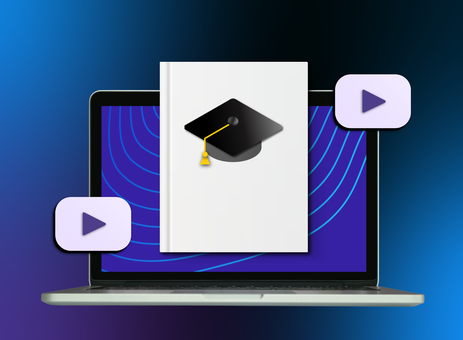 Graduation cap on a book in front of a laptop screen, symbolizing video-based learning or online education.