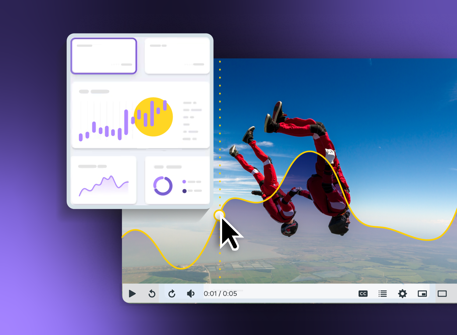 Video engagement analytics overlayed on a skydiving video, showing viewer interaction data and timeline insights in a training platform.