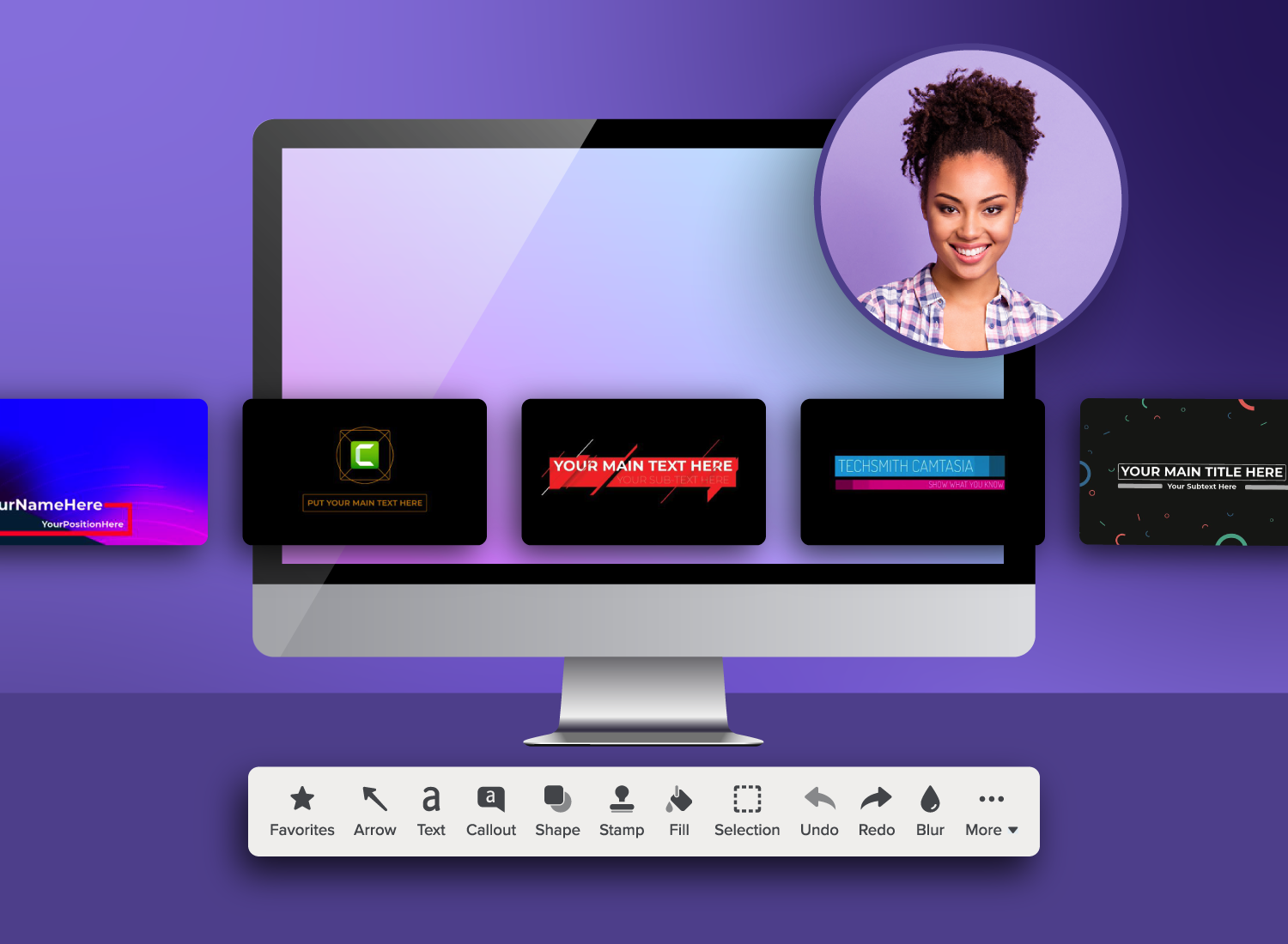 A desktop screen shows a selection of customizable lower-third title templates, with a photo of a smiling woman overlaid on the screen. Below the screen is a toolbar with options like Text, Callout, Shape, and Blur.