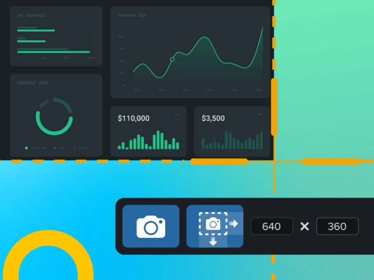A section of a dashboard with charts and graphs is highlighted for a screen capture. A capture tool with dimensions (640 x 360) and two camera buttons is shown in the bottom right.