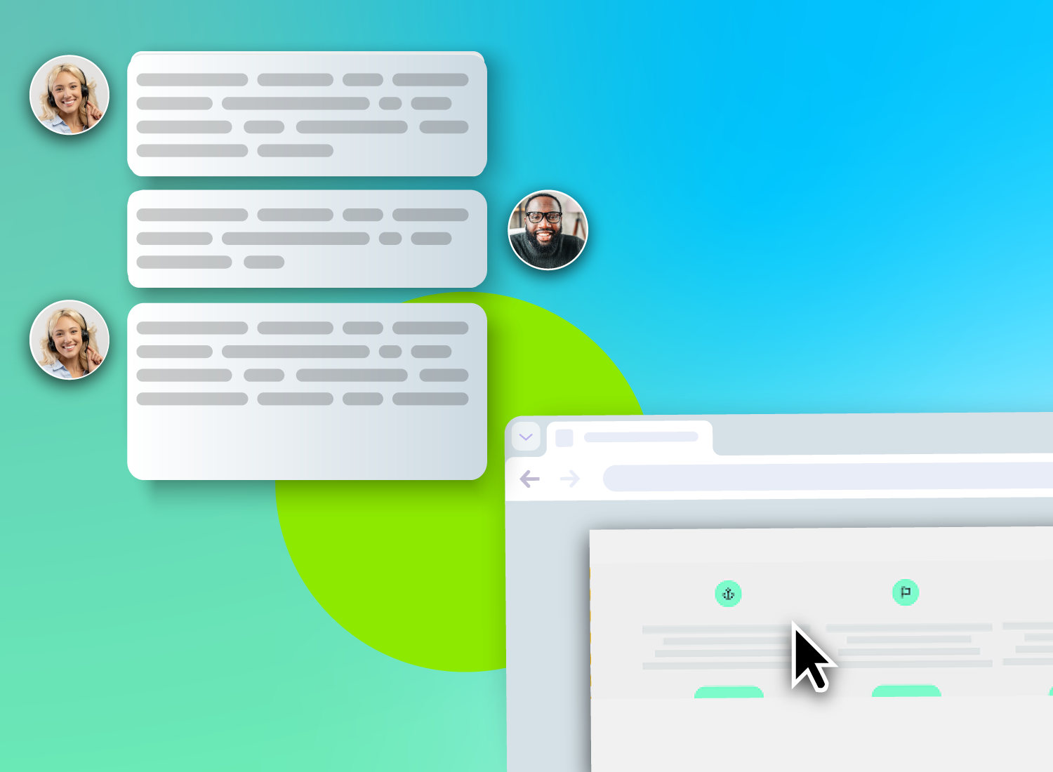 Live customer support chat interface with agent messages and browser interaction, illustrating the difference between self-service and live help.