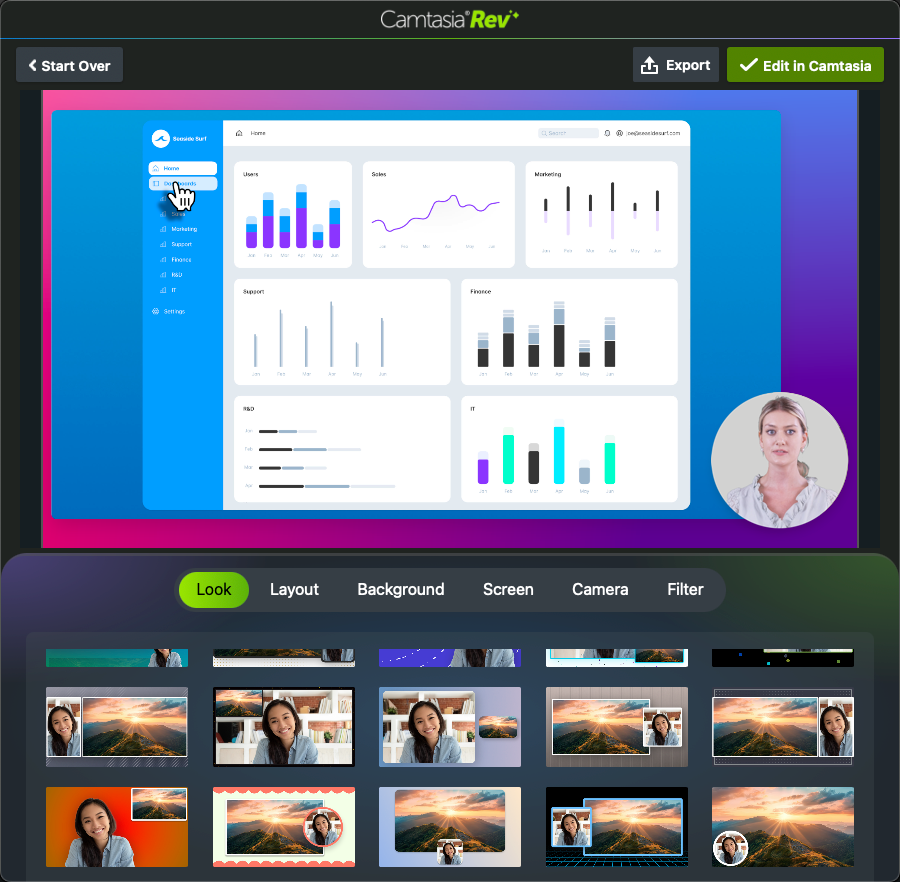 screen showing new Camtasia rev options