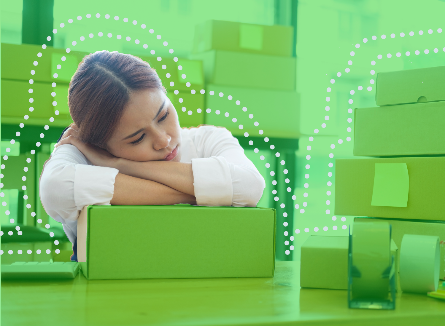 Woman resting her head on a green box, surrounded by green packaging in a warehouse or fulfillment setting, overlaid with decorative dotted lines indicating frustration or burnout.