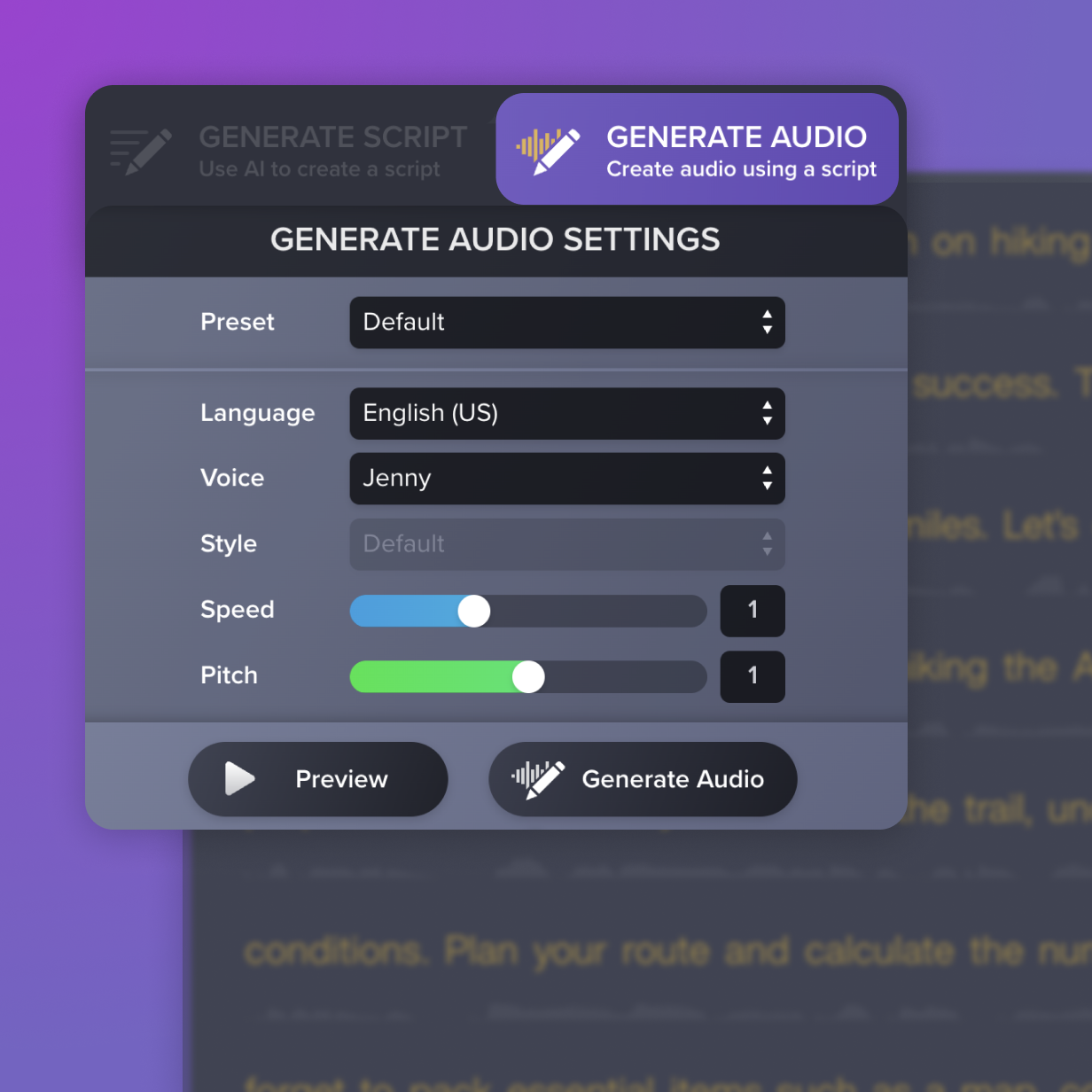 Audiate's generate audio from text option selected