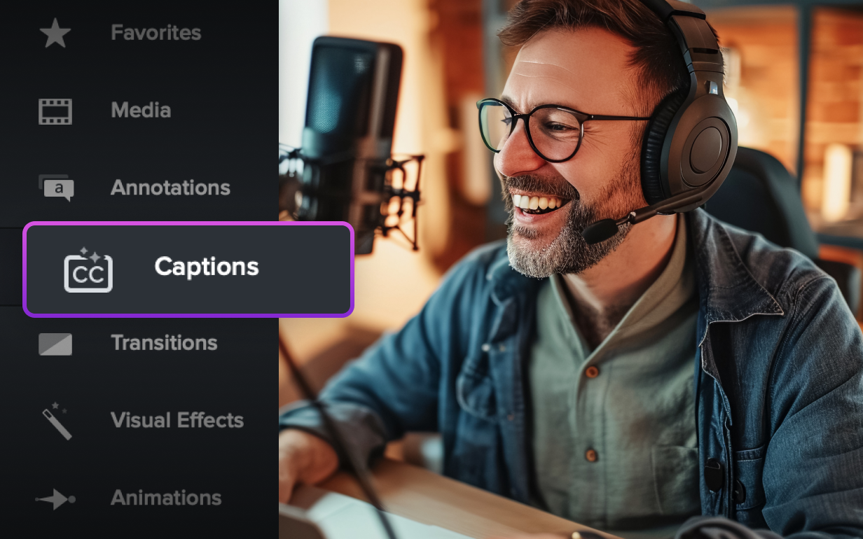 captions button highlighted over picture of a man speaking