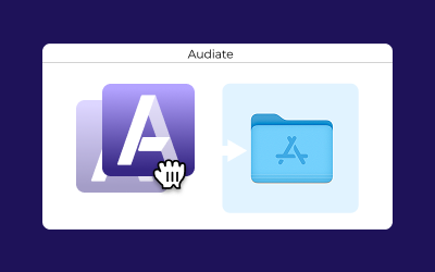macOS のインストーラー ウィンドウで、Audiate アイコンをアプリケーション フォルダーにドラッグしている様子