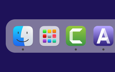 macOS のドックで、Launchpad と Finder の横に Audiate と Camtasia のアプリ アイコンが配置されている