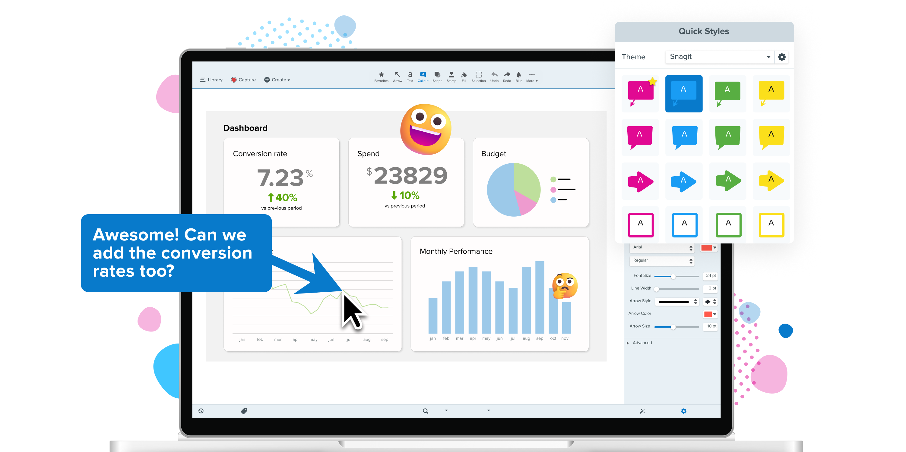 TechSmith Capture download alternative shown with Snagit, using quick styles and arrows to mark trends on a chart.