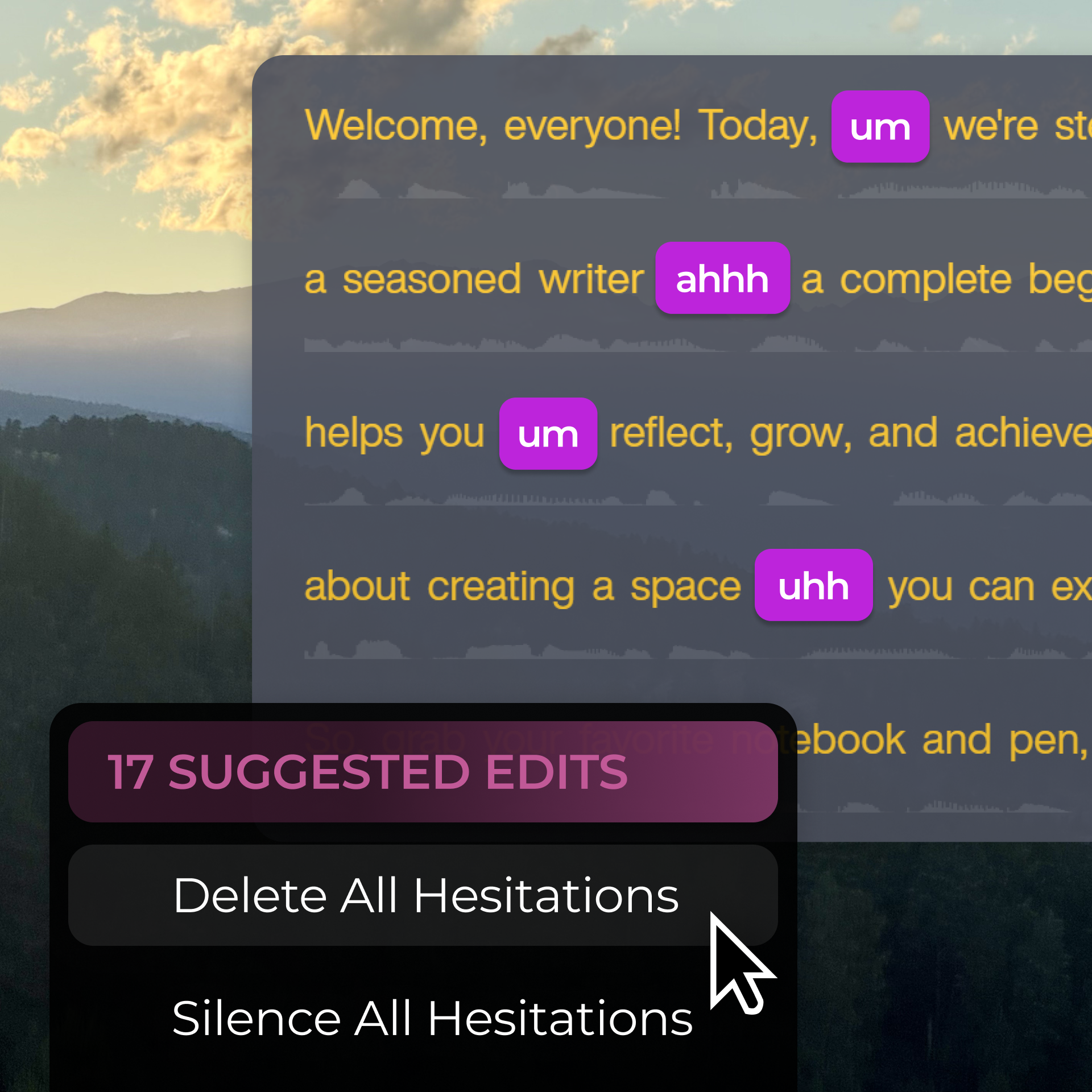 Audiate's text interface showing highlighted hesitations like "um" and "ahhh" with options to delete or silence hesitations.