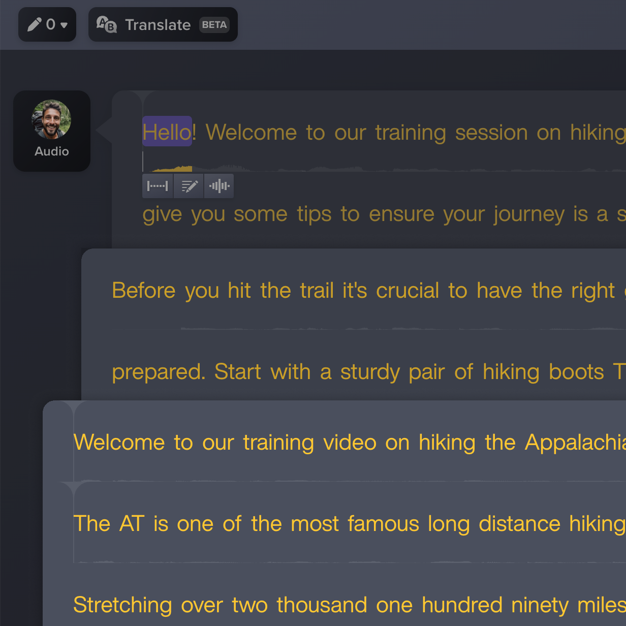 Audiate's audio transcription interface displaying multiple text options for a training session on hiking.