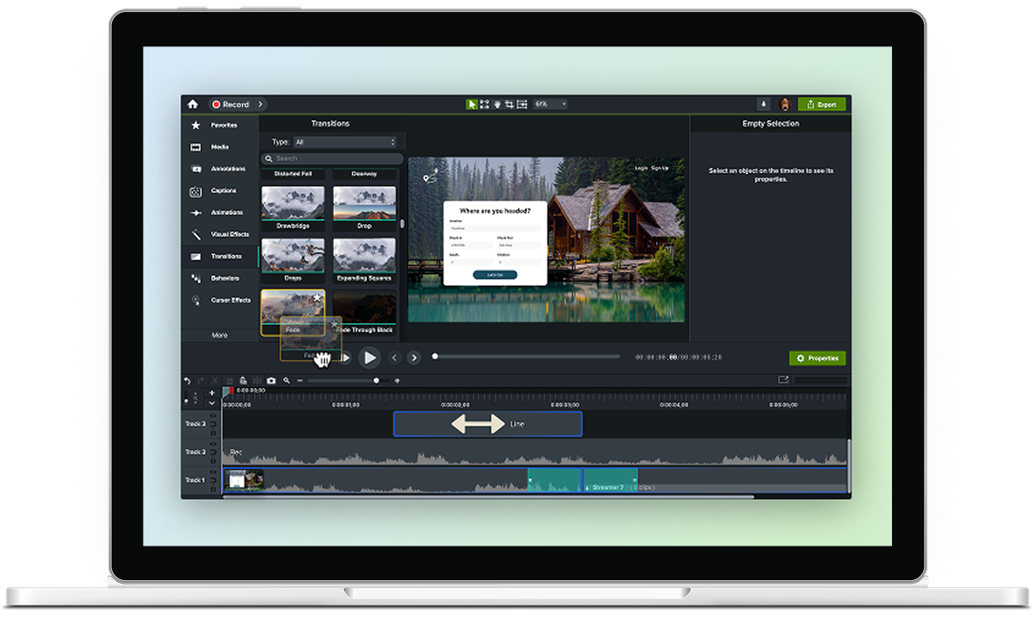 A laptop with Camtasia open to the editor with several pieces of media on the timeline being edited.