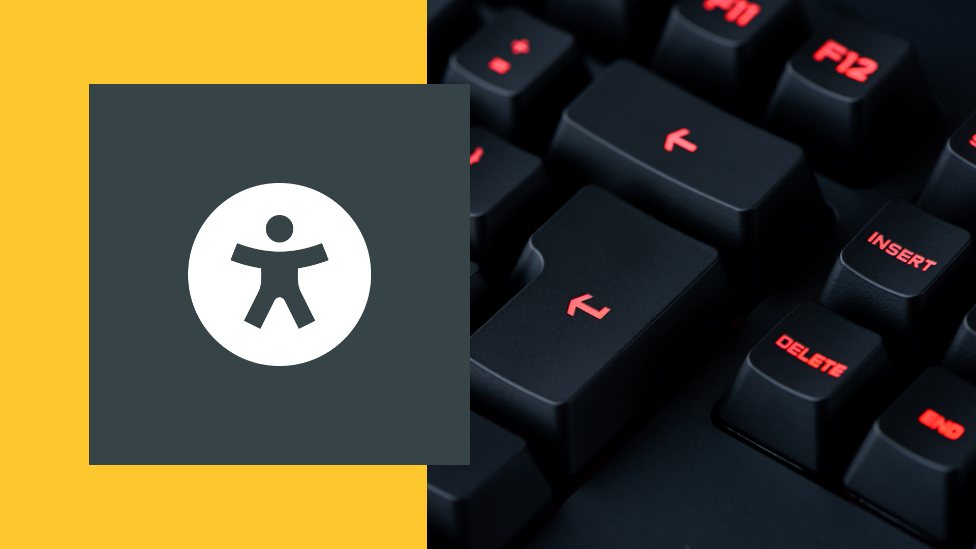 he accessibility icon (white stylized figure) on a dark gray square next to a close-up photo of a black computer keyboard.