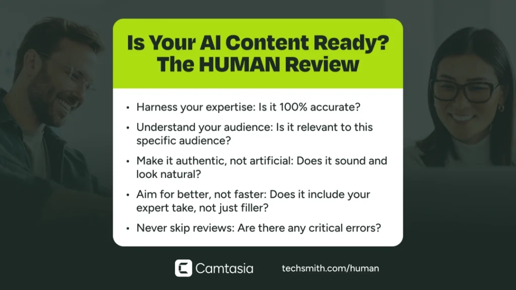 Checklist for reviewing AI-generated training content using the HUMAN framework.