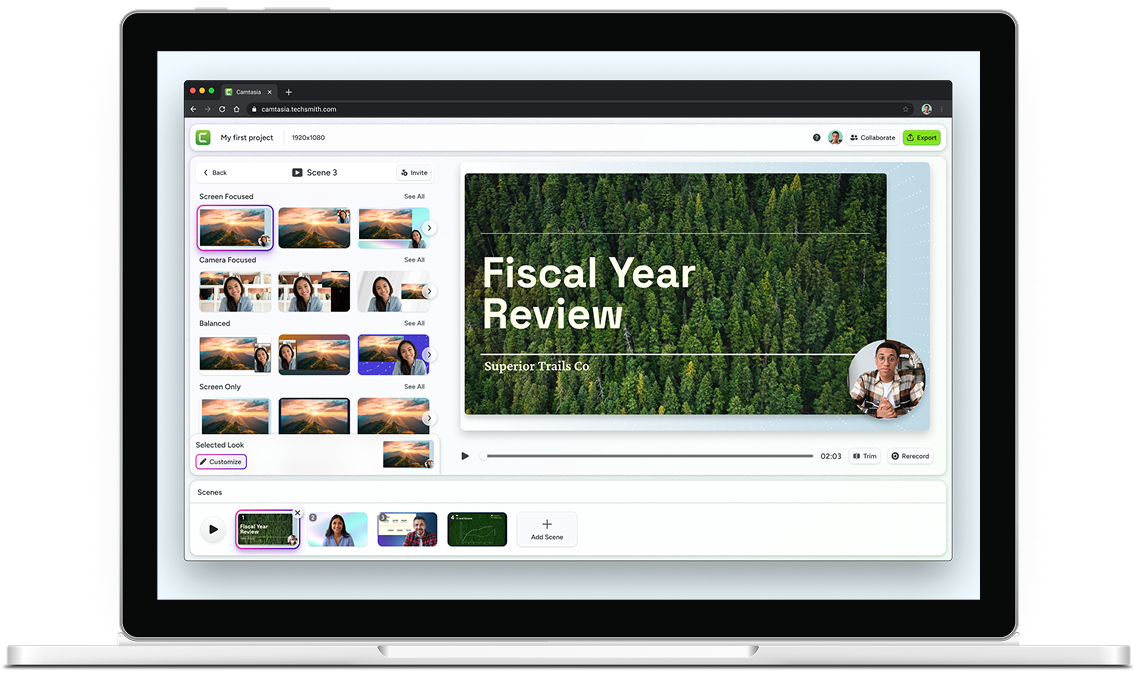 Laptop showing someone recording a Fiscal Year Review slideshow video with Camtasia online.