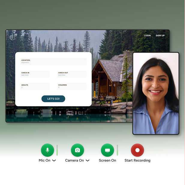 Recording preview showing an overlaid booking form on a scenic background with a woman's face, and mic/camera controls at the bottom.