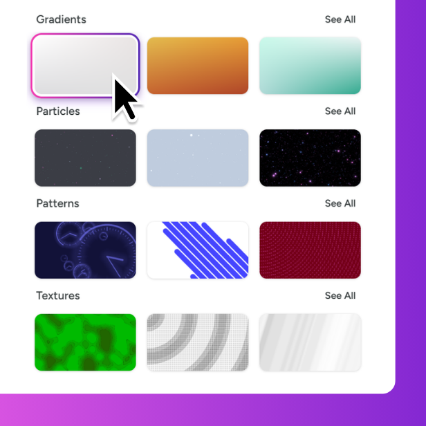 Camtasia online interface displaying various background options including gradients, particles, patterns, and textures, with a cursor selecting a gradient option.