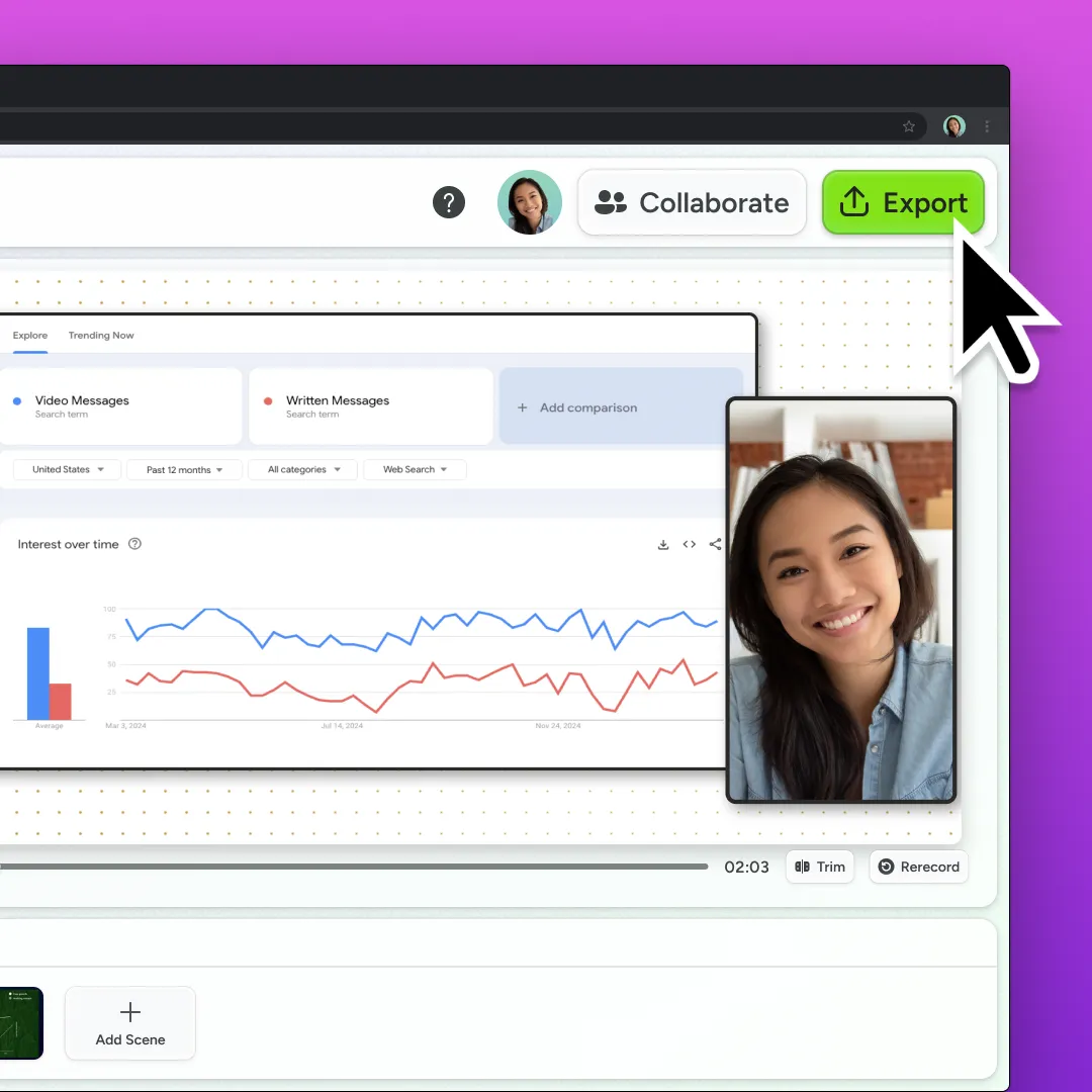 Camtasia online interface with a cursor hovering over the export button indicating easy sharing.