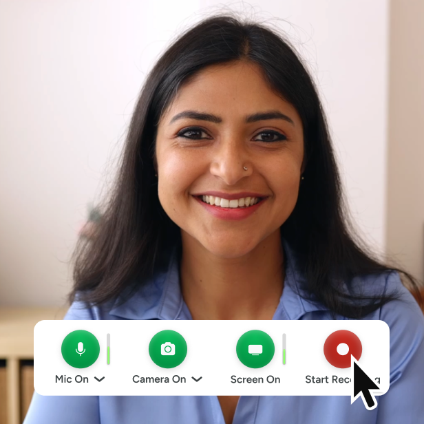 Smiling woman with Camtasia Online's recording options overlaying the image. A cursor is hovering over the "Start Recording" button.