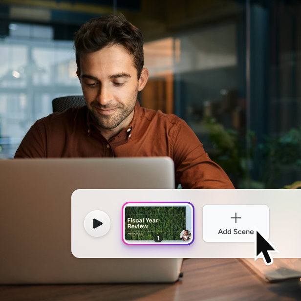 Man looking at a laptop with Camtasia Online's "Add Scene" options overlaying the image. A cursor is hovering over the "Add Scene" button.