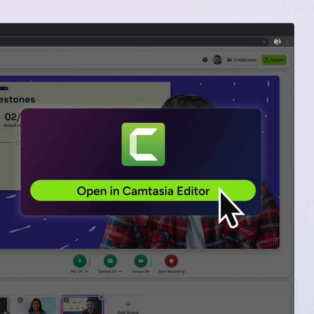 Camtasia online interface showing a video export in progress, with a popup message reading “Open in Camtasia Editor.”
