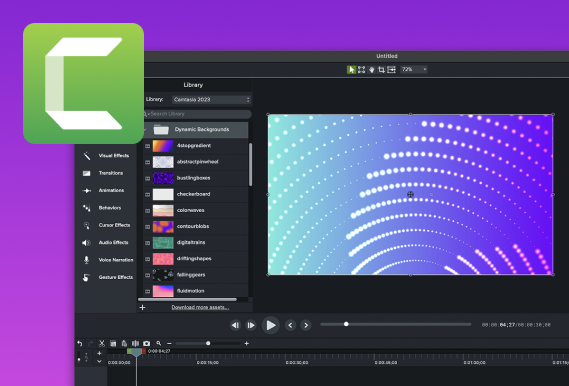 Camtasia Editor interface with Camtasia logo on the left side.