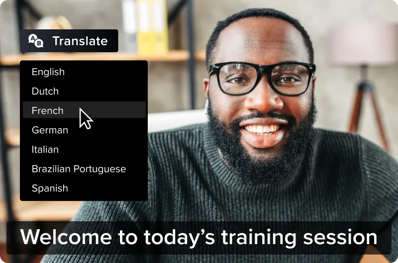 an image of a man with the caption "welcome to today's training session" and a dropdown indicating the other languages available for caption translation