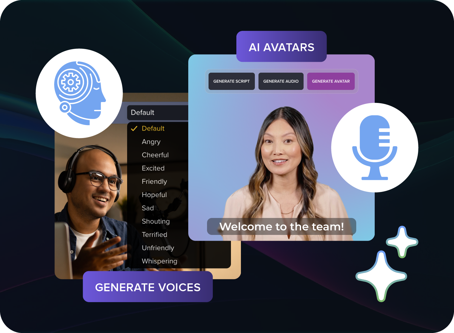 Hero graphic illustrating AI voices and AI avatars in instructional videos: a “Generate voices” panel beside an “AI Avatars” panel with buttons to generate script, audio, and avatar, plus a sample avatar video saying “Welcome to the team!”