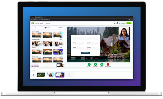 Laptop displaying Camtasia Online interface.