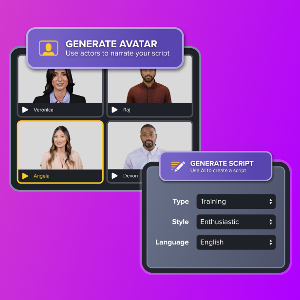 'Generate Avatar' button showing with different options of AI avatars to choose from underneath. 'Generate Script' button with script options underneath including type, style, and language.