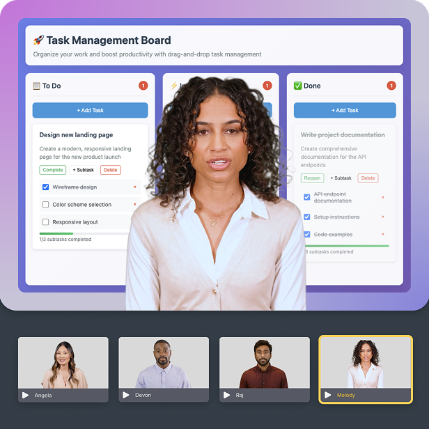 AI generated avatar in front of a task management board explaining how to do a task via video.