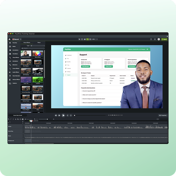 Camtasia Editor interface showing a screen recording with a man explaining a process in the corner of the video.