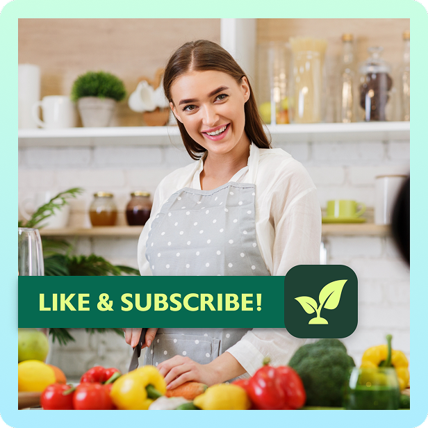 A woman stands in a bright kitchen filled with fresh vegetables and glass jars. She is smiling directly at the camera while preparing food. In the lower-left foreground, a dark green banner features the text "LIKE & SUBSCRIBE!"