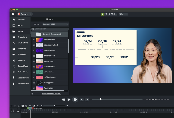 Camtasia Editor interface with AI avatar in the video