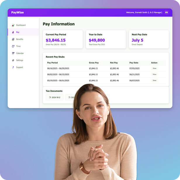 A woman appearing to present or explain information. Positioned behind her is a large, floating user interface for a payroll application called "PayWise." The dashboard displays financial data including a current pay period, a year-to-date total, and a table of recent pay stubs.