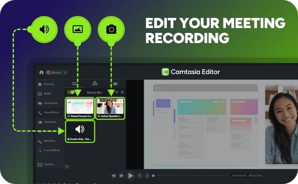 Camtasia Editor interface showing a media bin containing three meeting‑recording files labeled ‘Shared Screen Cam,’ ‘Active Speaker,’ and ‘Audio‑Only Rec.’ Three green icons representing audio, image, and camera inputs are connected to the media items. The background features a blue‑to‑green gradient, and large white text reads ‘edit your meeting recording.'