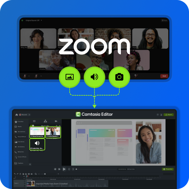 Zoom meeting window above Camtasia Editor timeline, showing Zoom recording controls and the imported meeting footage added to Camtasia Editor.