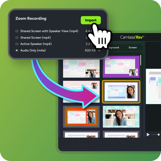 Camtasia Rev menu open with “Import” selected, showing options to send zoom meeting media to Camtasia Editor and a cursor confirming the import action.