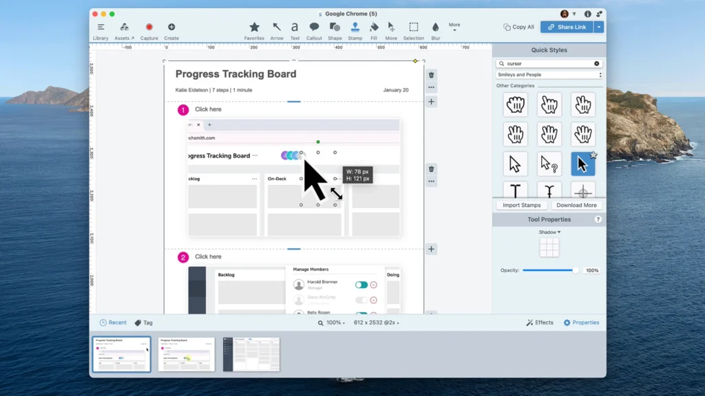 Screenshot of the Snagit editor open with a step capture document