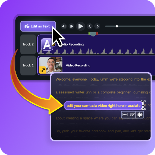 Camtasia Editor showing text-based editing with an “Edit as Text” button selected, a Zoom meeting recording on the timeline with audio waveform, highlighted text, and an arrow indicating that deleting text removes the corresponding section of video in Camtasia Audiate.