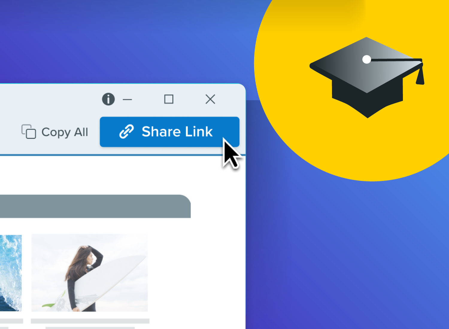 A computer screen shows a “Share Link” button being clicked, symbolizing digital knowledge sharing. A graduation cap icon on a bright yellow background suggests learning and education.