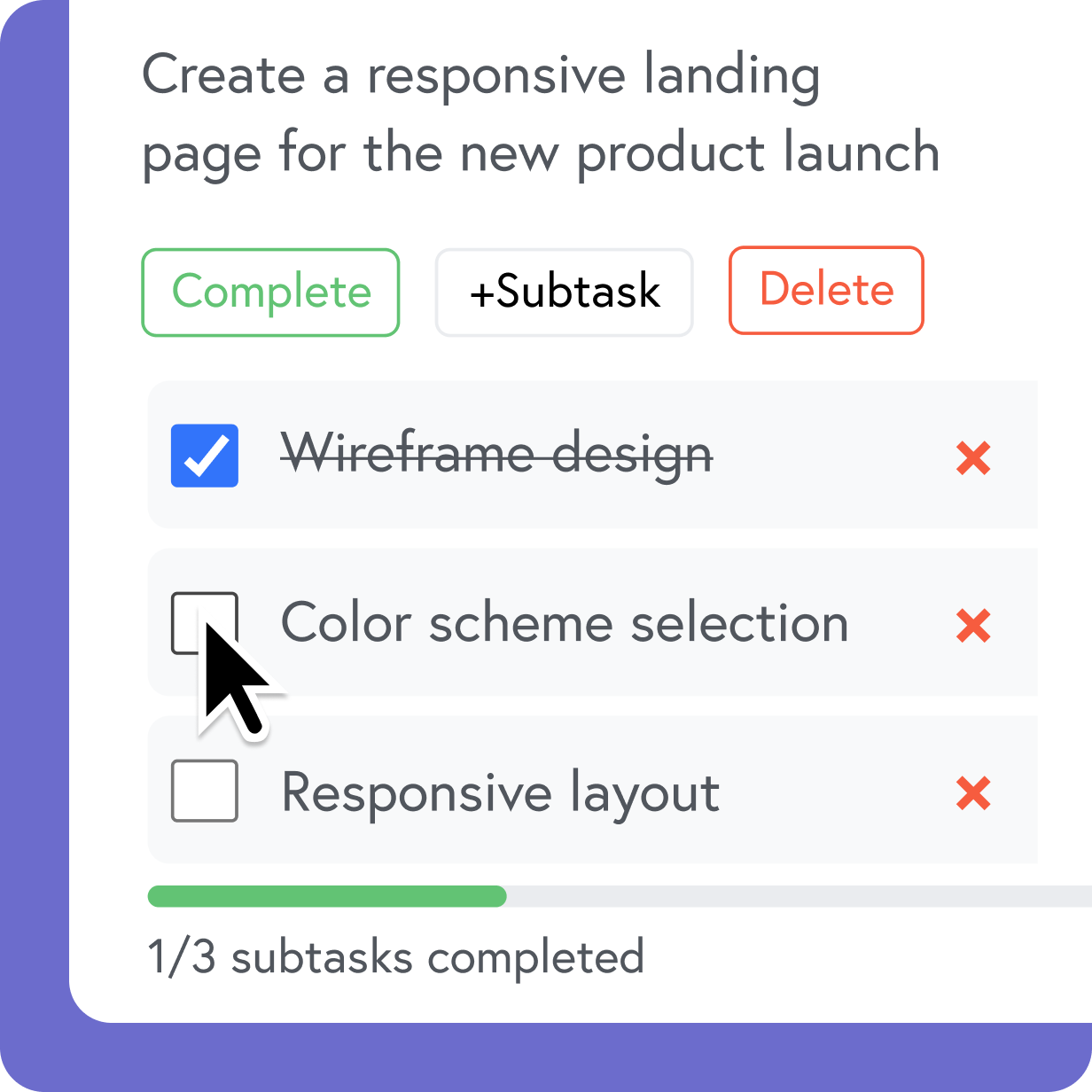 AI-generated tutorial walkthrough showing a task list for completing a responsive landing page workflow