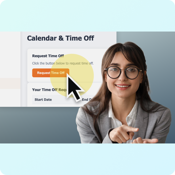 A professional woman in front of a digital interface. In the background, a "Calendar & Time Off" screen is visible, featuring an orange "Request Time Off" button. A large black mouse cursor with a yellow highlight circle is hovering over the button, simulating a tutorial or video presentation style.
