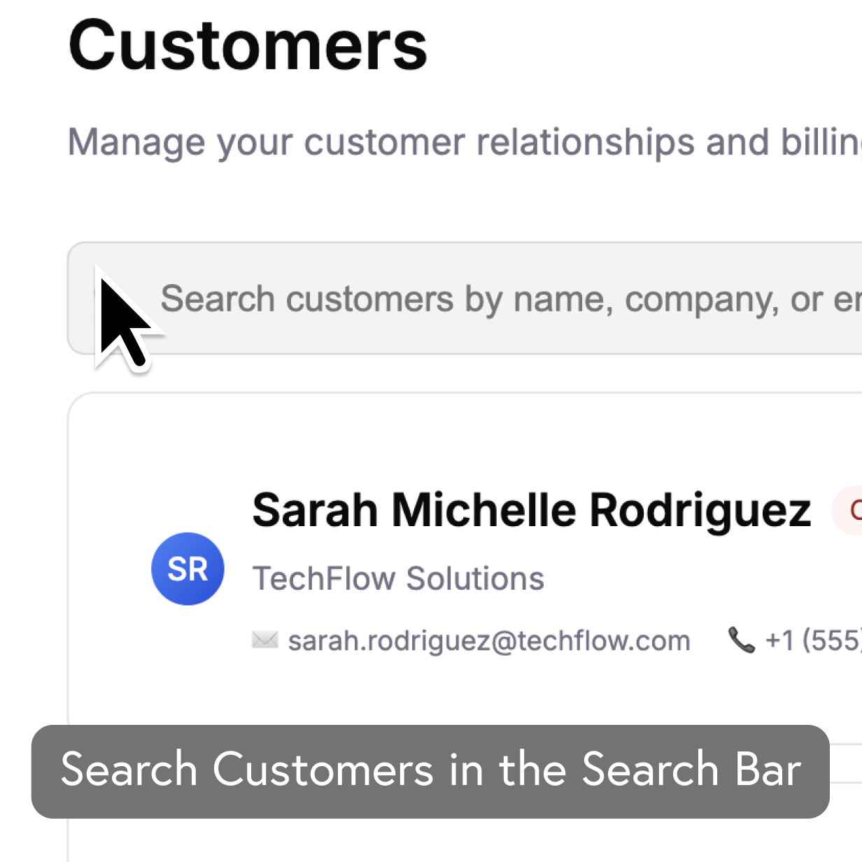 AI-generated walkthrough showing a cursor clicking the customer search bar in a CRM interface