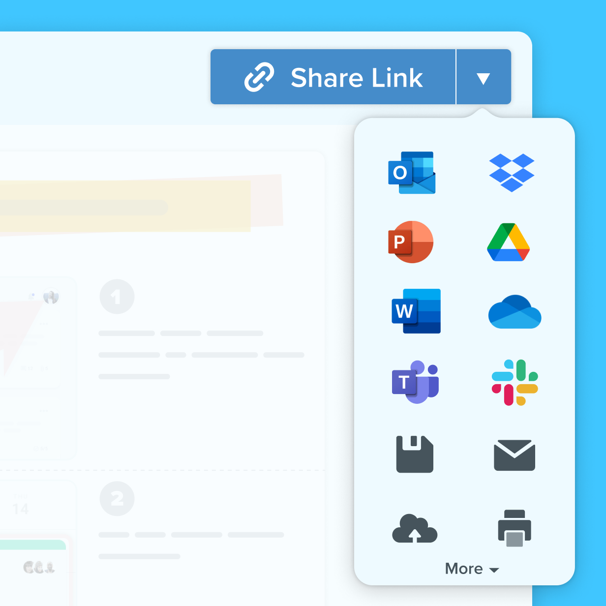 A close-up of the Snagit "Share Link" interface. A blue button labeled "Share Link" is at the top, with an adjacent dropdown menu open. The menu displays a grid of icons for various sharing destinations, including Microsoft Outlook, PowerPoint, Word, Teams, Dropbox, Google Drive, OneDrive, and Slack, along with options for local saving, email, cloud upload, and printing.